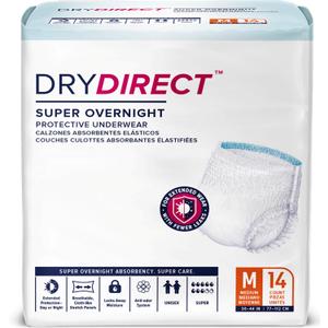 Dry Direct Super Overnight Underwear, Soft Cloth-Like Adult Diapers, Overnight Disposable Incontinence Protection - Medium (Pack of 14)