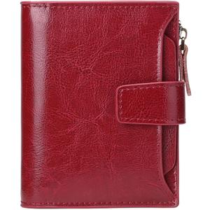 GOIACII Small Women Wallet Genuine Leather RFID Blocking Bifold Zipper Pocket Card Holder with ID Window (A01 Wax Red)