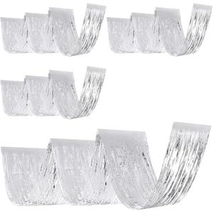Breling 4 Pcs 15ft Metallic Foil Ceiling Fringe Curtains for Bachelorette Party Decorations, Fringe Ceiling Drapes for Wedding Engagement Bridal Shower Birthday Party Engagement Decor(Silver)