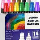 14 Colors Jumbo Markers, Jumbo Acrylic Paint Markers 15mm Wide Felt Tip Permanent Ink Pens for Poster, Rock Painting,Fabric,Glass, Wood, Stone, Ceramic & DIY Crafts, Vibrant Art Pens for Most Surfaces