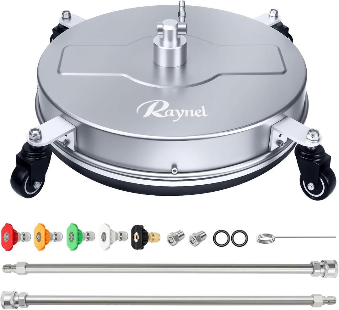 RAYNEL 18'' Pressure Washer Surface Cleaner with 4 Wheels, Stainless Steel Housing, 1/4" Quick Plug, 2 Extended Wands, 2 Replacement Nozzles and 5 Spray Nozzles