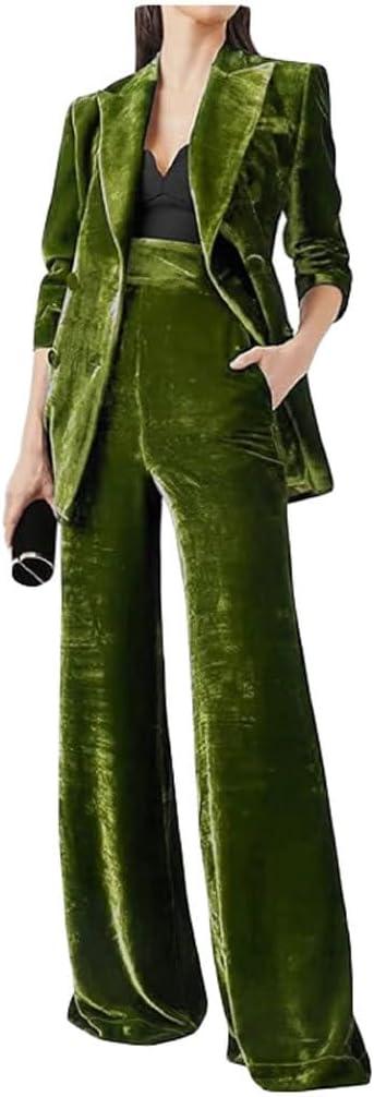 Women's 2 Piece Velvet Suit Office Work Suit Notch Lapel Double Breasted Blazer Pants Business Suits Set for Women (Medium)