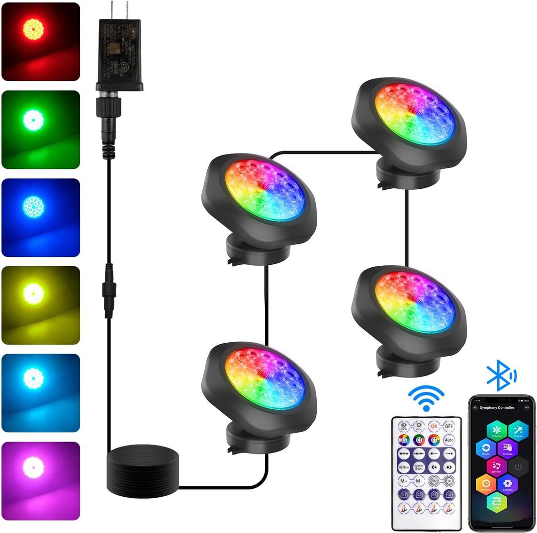 T-SUN Colored Pond Lights with APP and Remote Control – Bright LED Underwater Submersible Fountain Lights, IP68 Waterproof Landscape Spotlight for Garden Koi Pond Aquarium Fish Tank (Set of 4)