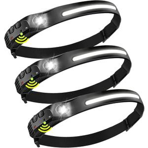Rechargeable Headlamps 3 Packs,LED Head lamp Rechargeable,2000mAh Battery Powered Motion Sensor 5 Modes,Super Bright Headlamps for Adults,Type-C USB Charging for Hard Hat Outdoor Camping Hiking