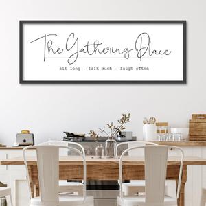 YWJKWLGS The Gathering Place Wall Art Decor Sign Wall Decor 32x12 Inch Modern Calligraphy Minimalist Wooden Hanging Plaque for Dining Room Kitchen Living Room Large Rustic Framed (Black)