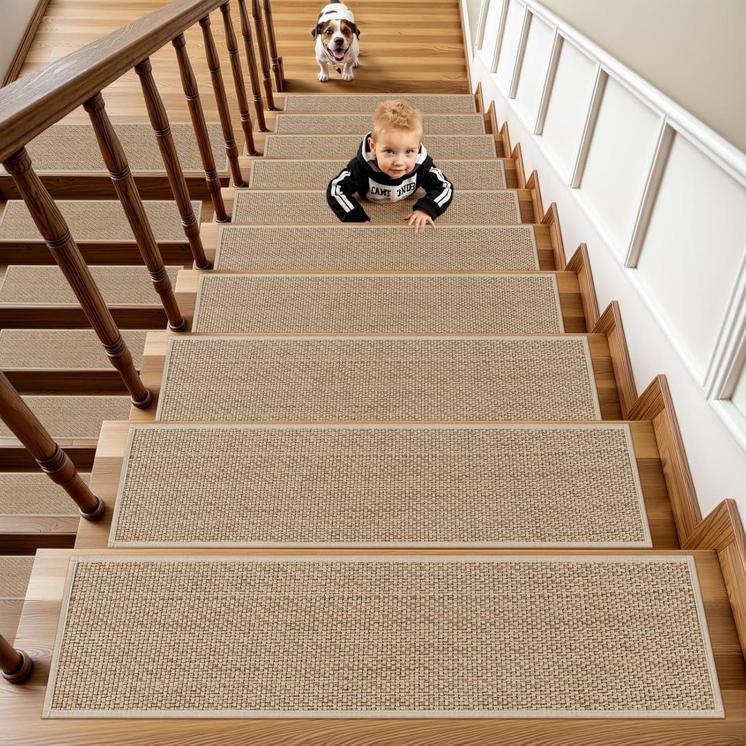 OJIA Stair Treads for Wooden Steps Indoor Washable Stair Carpet Non-Slip 15PCS 30"x8" Rubber Backing Stair Mats Stair Runners for Kids, Elders and Dogs, Staircase Step Treads Stair Covers (Natural)