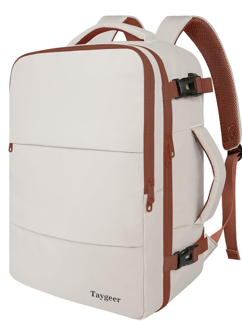 Taygeer Backpack for Women, College Backpack with Laptop Compartment & Shoe Pouch, 35l Travel Laptop Mochila Carry On Luggage, Airline Approved Personal Item Bag For Weekender Gym Hiking, Khaki White