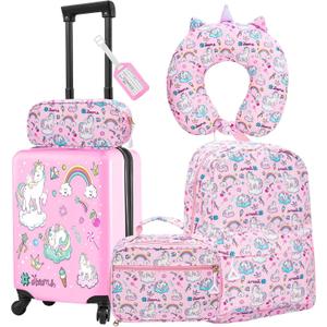 Redbaker 6 Pcs Kids Luggage Set 17 Inch Kids Rolling Luggage Double Pattern Suitcase for Girls Boys School Gift(Soft Pink,Unicorn)