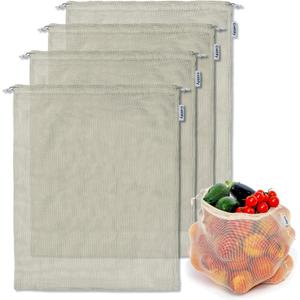 4-pack Reusable Produce Bags Grocery Washable XL, Organic Cotton Mesh Produce Bags Double-Stitched Vegetable Grocery Reusable, Tare Weight, Cotton Produce Bags Reusable Washable, Produce bgs XL (Natural)