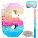 Jenaai 16 Inch Number Piata Kids Birthday Party Macaron Piata with Blindfold Stick and Confetti for Unicorn Birthday Wedding Baby Shower Decor(Number 6)