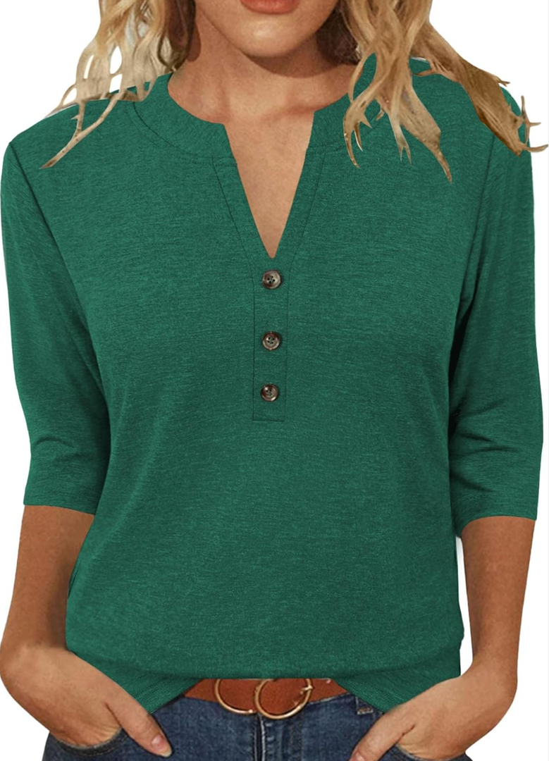 JomeDesign Womens Tops 3/4 Sleeve V Neck Shirts Dressy Casual Tunic Blouses Summer Tees L