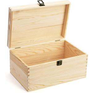 yarlung Unfinished Wooden Box with Hinged Lid, 12 x 8 x 6 Inch Large Memory Box for Crafts, Unpainted DIY Gifts Box for Jewelry Storage, Treasure Chest, Art Hobbies, Front Clasp
