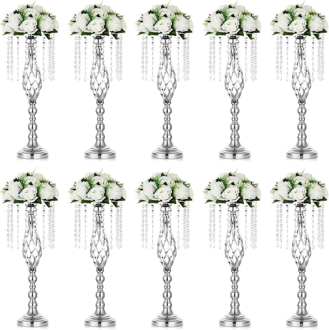 Nuptio 10 Pcs Silver Wedding Centerpieces Flower Stand, 21.7in/55cm Height Wedding Road Lead Flower Vases, Crystal Artificial Flower Arrangements for Wedding Party Birthday Event Reception Home Decor