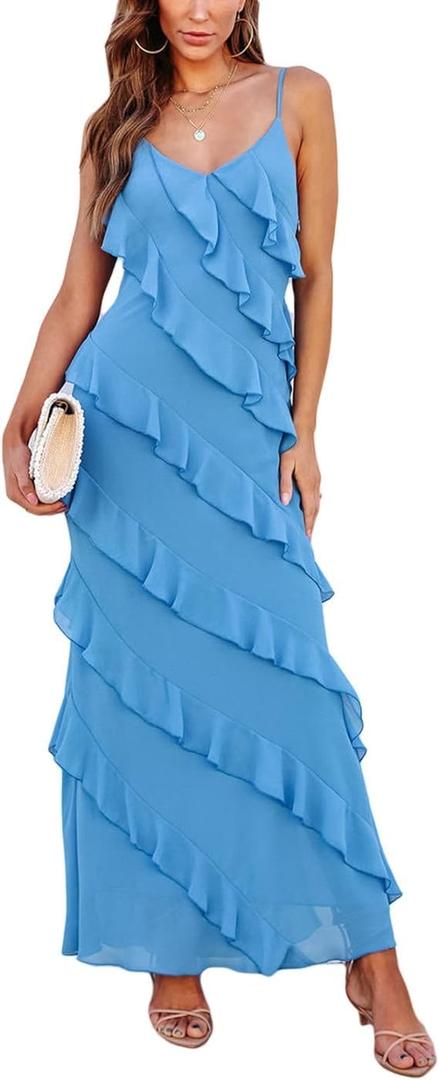 Women Summer Elegant Sling Midi Ruched Bodycon Dress Solid Color Backless Slim Party Cocktail Dresses (Blue, L)