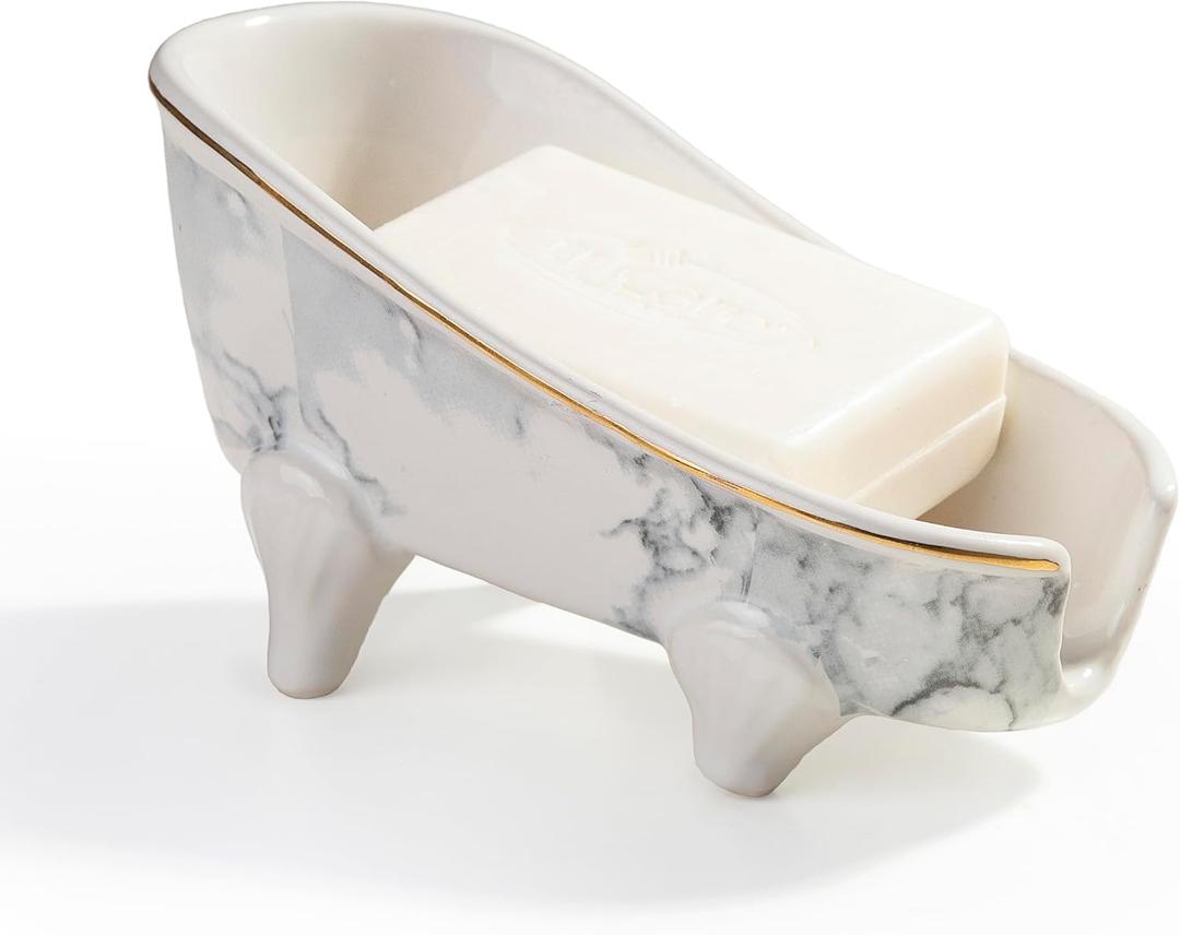 5.5" Self Draining Mini Bathtub Soap Dish, Ceramic Bar Soap Holder with Drain, Marble Pattern Decorative Soap Saver for Shower, Bathroom & Kitchen Sink, Keep Soap Dry, Easy to Clean