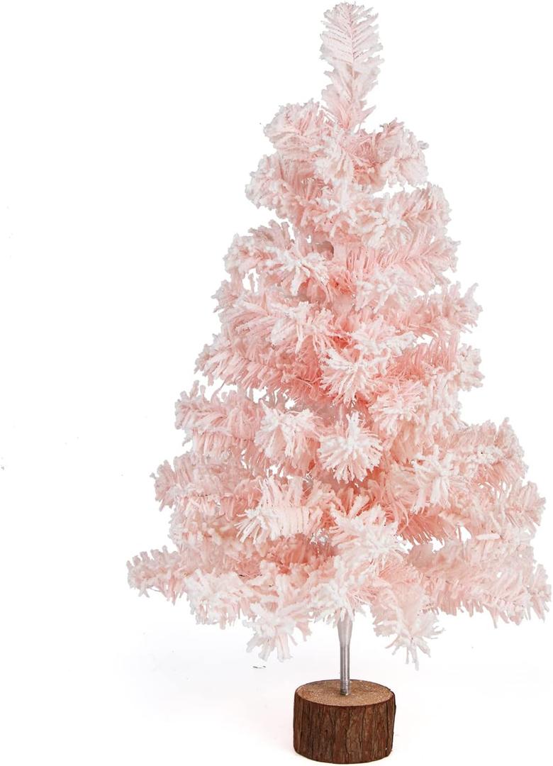 CCINEE Table Top Pink Artificial Christmas Tree, 2 Ft Small Mini Pink Xmas Tree with Flocking Snow Frost and Plastic Stand for Porch Coffee Table Centerpiece Arrangements Home Office Holiday Decor