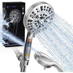 Pavezo High Pressure Shower Head Handheld 5" Large, Extra Long 60" SS Hose 10-mode Portable Detachable Shower Head with Hard Water Filter for Bathroom, Anti-clog & Powerful to Clean Tile & Pets (Chrome)
