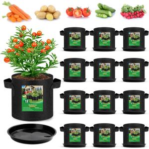 12 Sets 5 Gallon Grow Bags with Plant Saucers, Durable Fabric Plant Pots with Handles, Aeration Drainage Planter Bags for Planter, Reusable Garden Bags Drip Trays Set for Indoor Outdoor