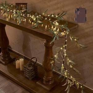 Hairui Lighted Artificial Olive Garland 6FT 96 LED Fairy Lights Battery Operated, Faux Vine Lights with Timer for Spring Christmas Holiday Fireplace Dcor (Olive)