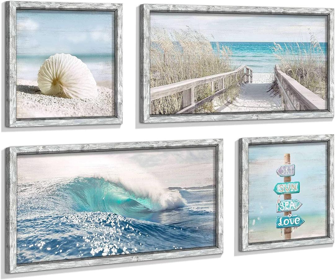 Ocean Pictures Wooden Artwork Framed - Seascape Rolling Wave Painting Multi-Panel Wall Art Prints for Living Room Overall 48"W x 32"H