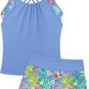 Girls Tankini Swimsuit Cross Straps Back Two Piece Bathing Suits with Pockets Shorts Swimwear Set 5-14 Years (10-12 Years, Purple Pineapple)