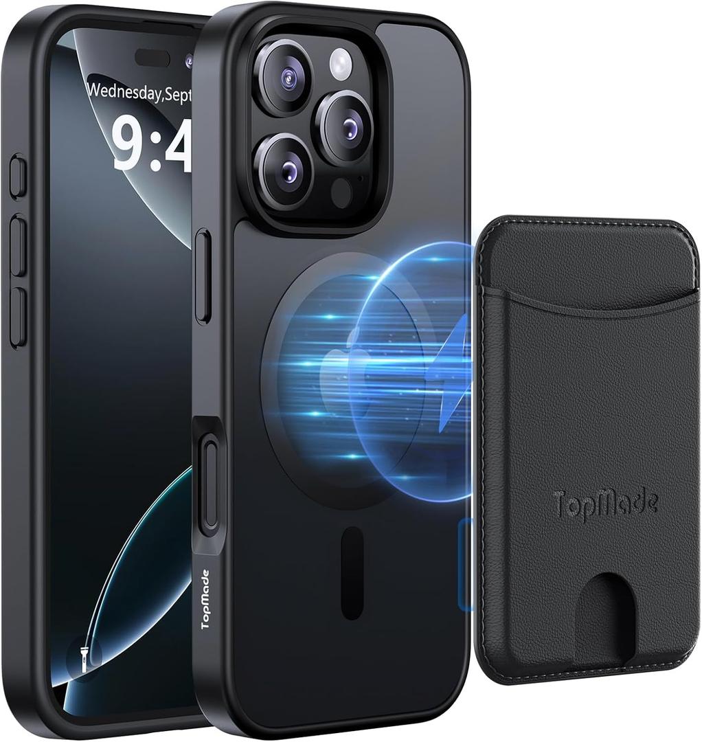 TopMade iPhone 16 pro Case with Magnetic Wallet Card Holder, Hold 4 Cards Magnetic Wallet Phone Case, Translucent Removable Slim Shockproof Case for iPhone 17 Pro 6.3 inch, Dark Black