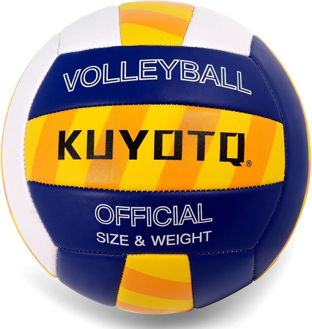 KUYOTQ Outdoor Beach Volleyball, 3MM Thickened Surface Soft Leather Volleyball for Youth Mens,Beach Play,Game, in&Outdoor Training (Official Size,Deflated) (Blue/Whilte/Yellow StripedThickened Leather)