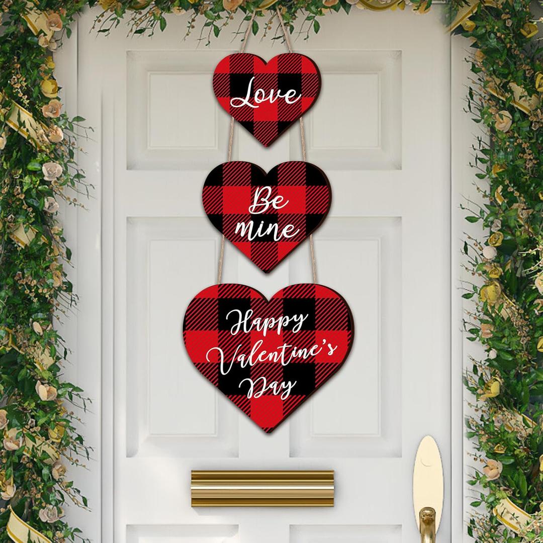 Menkxi Happy Valentines Day Love Be Mine Door Sign Hanging Wooden Heart Wood Door Hanger Red and Black Buffalo Plaid Heart Shape Wall Plaque for Front Home Porch Lawn Yard Decor Supplies, 20 Inch