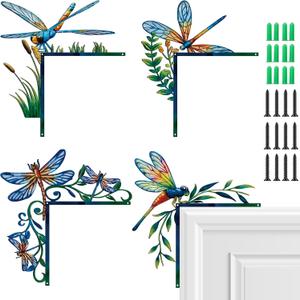 MorningRo 4 Pcs Door Frame Decoration Set Metal, Wall Art Decor Corner Sign Bathroom Decor for Indoor Outdoor Door Home Window Office(Dragonfly,Multicolor)