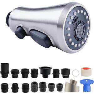 Hibbent Pull Down Spray Head for Kitchen Faucet, 3-Function Spray Nozzle with 15 Adapters, Sink Faucet Head Replacement Compatible with Moen, American Standard, Delta, Kohler Faucets, Brushed Nickel