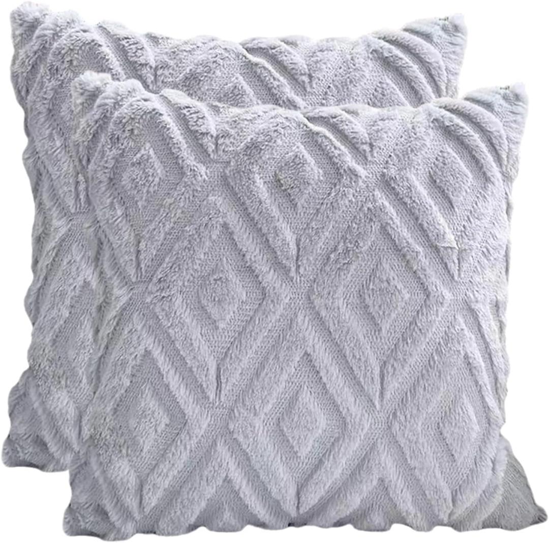 Plush Decorative Throw Pillow Covers Pack of 2 Faux Fur Couch Cushion Case with 3D Diamond Pattern for Sofa 18 x 18 Inch, Gray