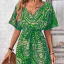 Women's V-Neck Wrap Around Cinched Waist Floral Print Jumpsuit, Suitable For Beach Vacation (Green, XS)