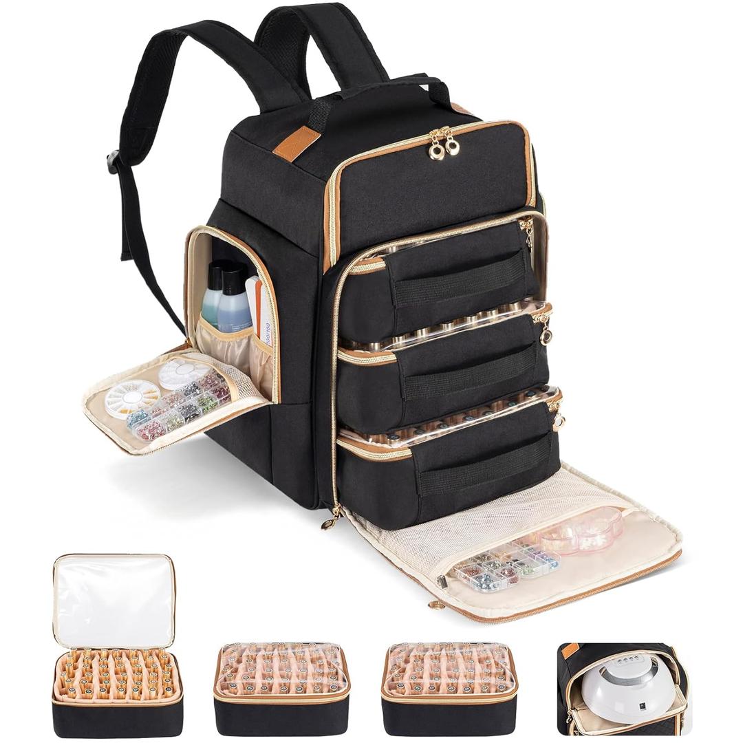 Hautton Nail Polish Organizer Holds 126 Bottles & Nail Lamp, Extra Large Nail Kit Supplies Storage Bag with 3 individual drawers, Portable Nail Organizers Travel Case for Manicurist -Black