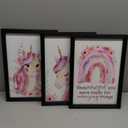 Cute Pink Unicorn Girl Quote Framed Wall Art Set of 3, Lovely Pastel Purple Rainbow Saying Sign for Baby Kid Toddlers, Cozy Watercolor Wooden Preschool Inspirational Flower Nursery Wall Decor Black