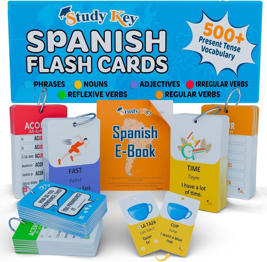 500+ Spanish Vocabulary Flash Cards for Adults & Kids Ages 15+ - Verb Conjugation, Nouns, Adjectives & Phrases to Learn Spanish for Adult Beginners Flashcards