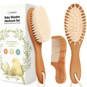 Baby Hair Brush Set for Newborns - Soft Goat Bristle Wooden Baby Brush and Comb Set Newborn Grooming Kit for Cradle Cap, Durable & Gentle, Boy, Girl Infant Essentials Care Kit (Regular, Golden Oak)