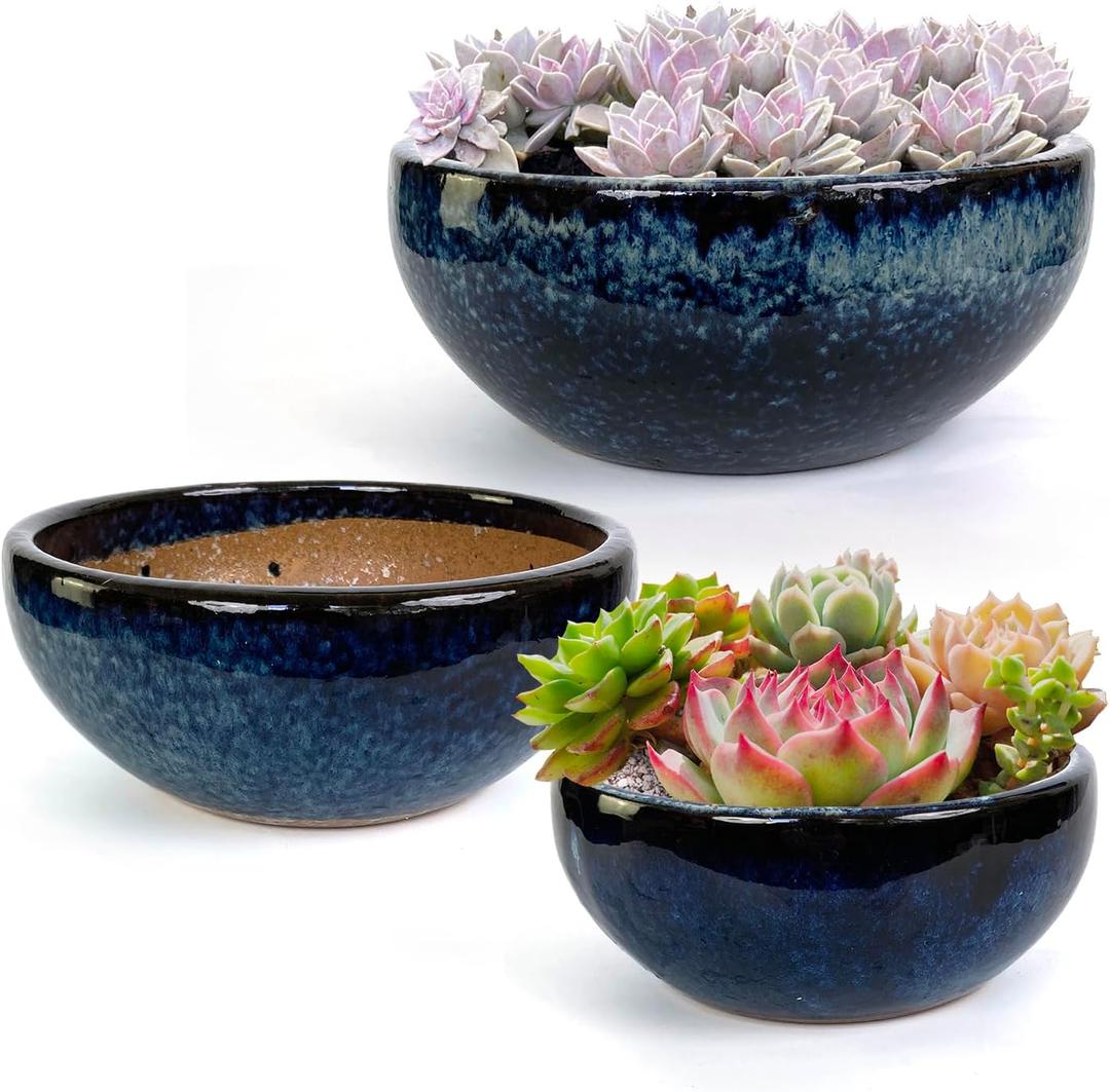 11 9 7 Inch Succulent Pot with Drainage and Mesh Pads Large Round Ceramic Plant Pot for Indoor Outdoor Plants Succulent Planter Cactus Bonsai Pot Container Set of 3 (Blue) 11 9 7 Inch Succulent Pot with Drainage and Mesh Pads Large Round Ceramic Plant Pot for Indoor Outdoor Plants Succulent Planter Cactus Bonsai Pot Container Set of 3 (Blue)