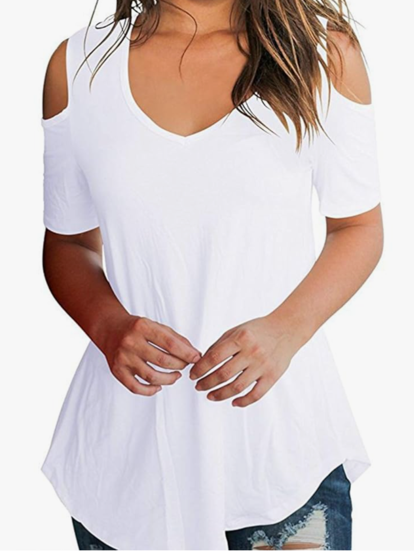 ASHER FASHION Womens Casual T Shirt Short Sleeve Cold Shoulder Tunic Tops Loose Blouse Shirts,M
