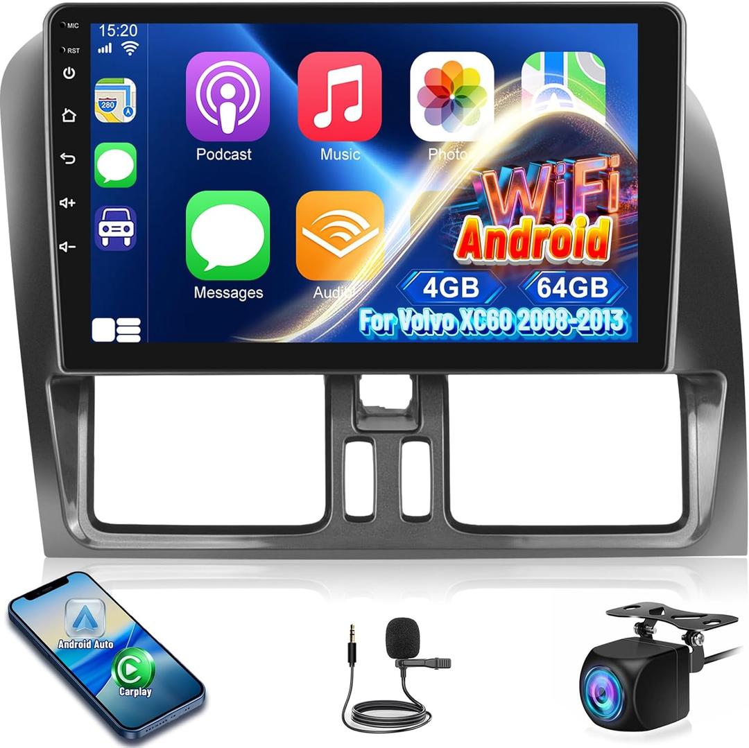 4+64G for Volvo XC60 2008-2013 Android Car Stereo with Wireless Carplay and Android Auto - 9 Inch HD Touchscreen Radio with 32EQ DSP/5GHz WiFi/GPS/SWC/Mirror Link + AHD Rear View Camera