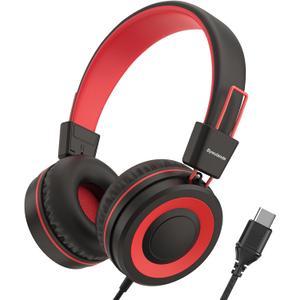 Bywulanda Upgrade USB Type C Kids Headphone for School, 94dB Safe Volume Limited, HD Stereo Sound, Foldable Lightweight On-Ear Headphones for Boys/Girls/Students/Tablet/Travel (Red Black)