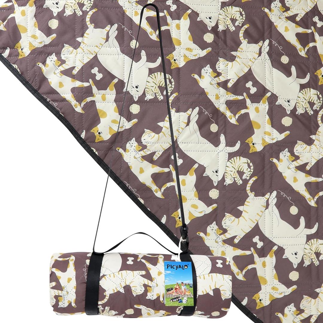 Outdoor Picnic Blanket Brown Cat&Dog 80"x80" Large Sandproof Beach Blanket Waterproof Picnic Blankets Foldable for Caming, Beach, Outdoor Activities