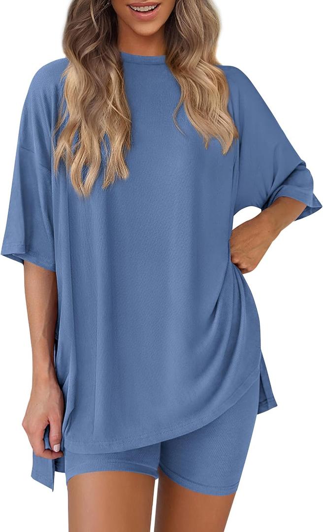 PRETTYGARDEN Women's Two Piece Lounge Set 2025 Summer Casual Oversized Shirts Biker Shorts Matching Airport Travel Outfit (XX-Large, Blue)