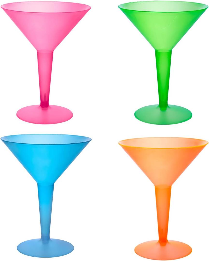 Party Essentials Hard Plastic Two Piece 8-Ounce Martini Glasses, Assorted Neon, 12 Count