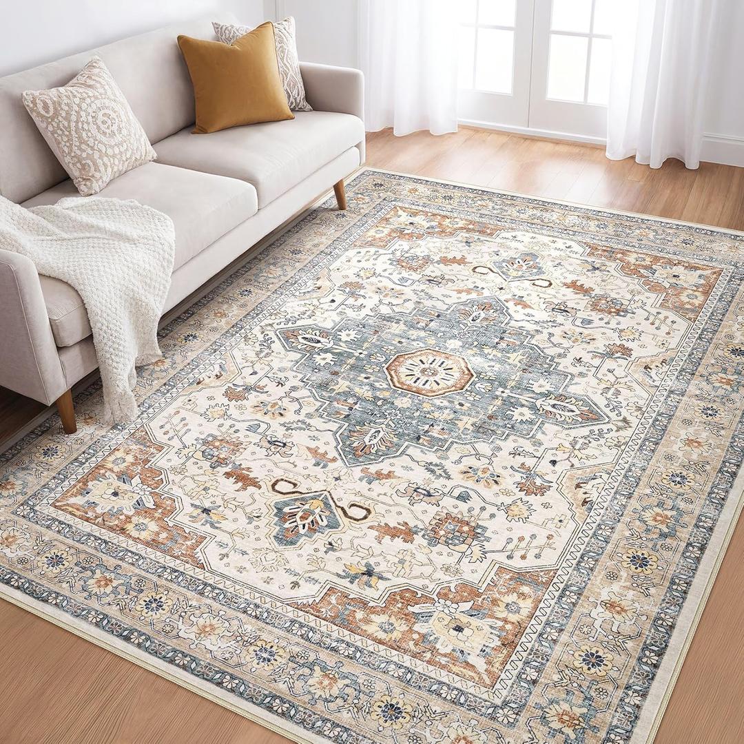 6x9 Area Rugs Living Room: Washable Boho Large Neutral Vintage Soft Rug Stain Resistant Distressed Farmhouse Non-Slip Indoor Floor Carpet for Bedroom Nursery Kids Office Dining Room- Beige Blue