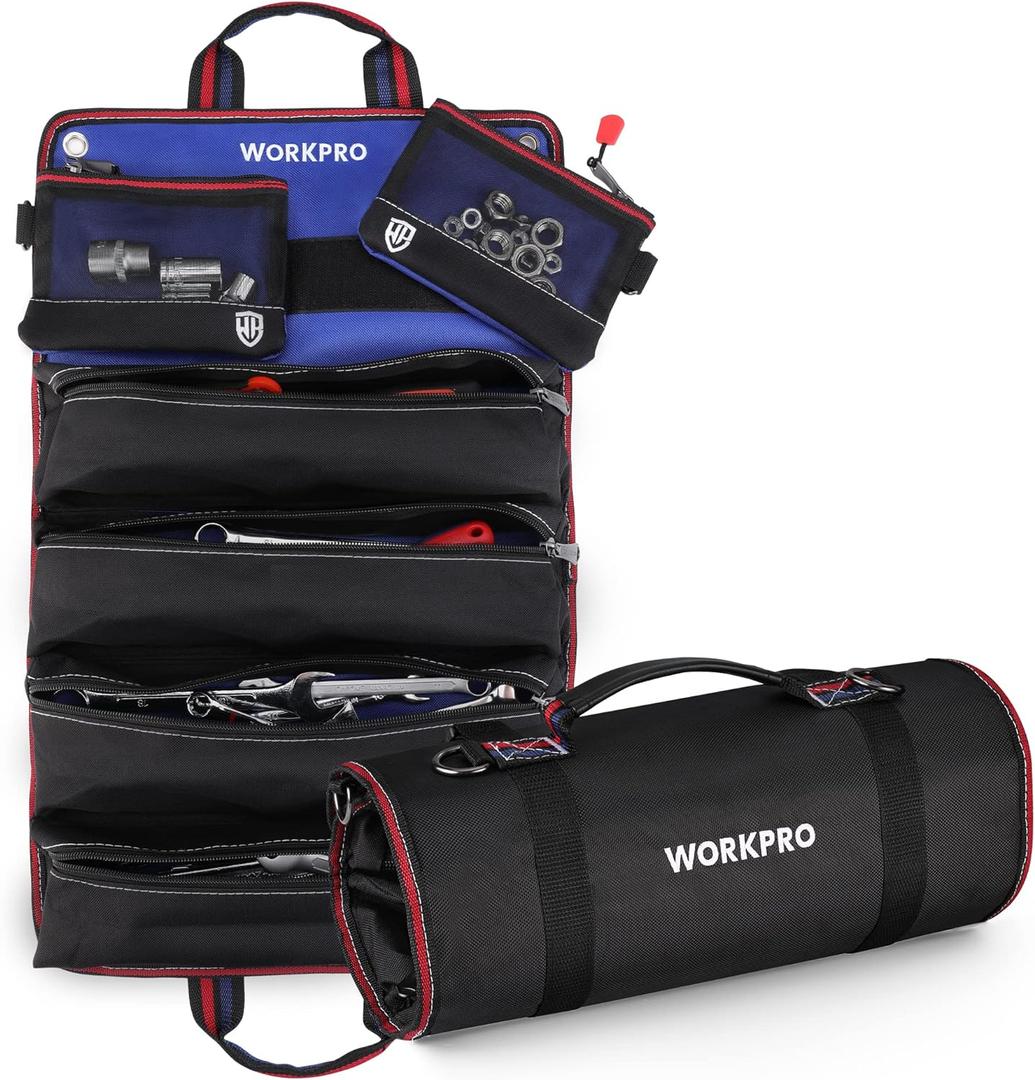WORKPRO Roll Up Tool Bag, Tool Roll Up Bag with Detachable Tool Pouches, Heavy Duty Tool Bag Organizer with 6 Pockets, Tool Organizer for Mechanic, Electrician, Plumber and Carpenter (Black)