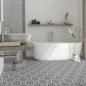 Elffloor Peel and Stick Floor Tile: 10 PCS Self-Adhesive Waterproof Vinyl Flooring,11.8" x 11.8" Retro Black Flowers Sticker for Bathroom, Kitchen, Bedroom