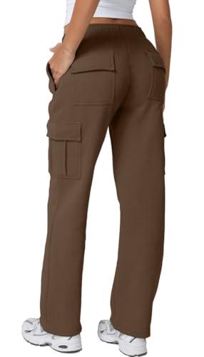 QINSEN Women's Medium Waist Cargo Pants for Casual Elastic Pocket Fleece Sweatpants (Brown, L)