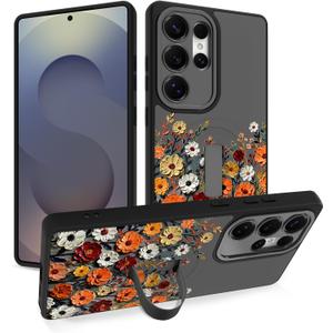 Case with Strap Stand for Samsung Galaxy S25 Ultra, Floral Flowers | Wireless Charging Compatible, Finger Strap Stand, Kickstand, Shockproof Protection, Soft TPU and Hard PC, for Women