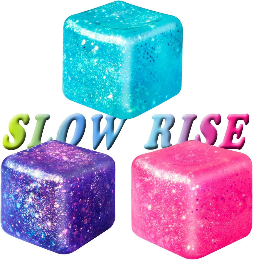 3Pcs Nice Stress Cube Stress Cubes Squishy Ice Cube Squishy Stress Cubes for Adults Glitter Stress Balls for Adults Kids Classroom Fidget Toys Birthday Gift (Pink Purple Blue)