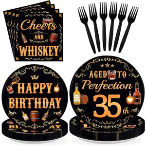 96 Pcs Whiskey 35th Birthday Party Supplies Aged To Perfection 35th Plates and Napkins Disposable Cheers and Whiskey Tableware Set for Men Vintage 35 Years Old Birthday Party Decorations Serves 24